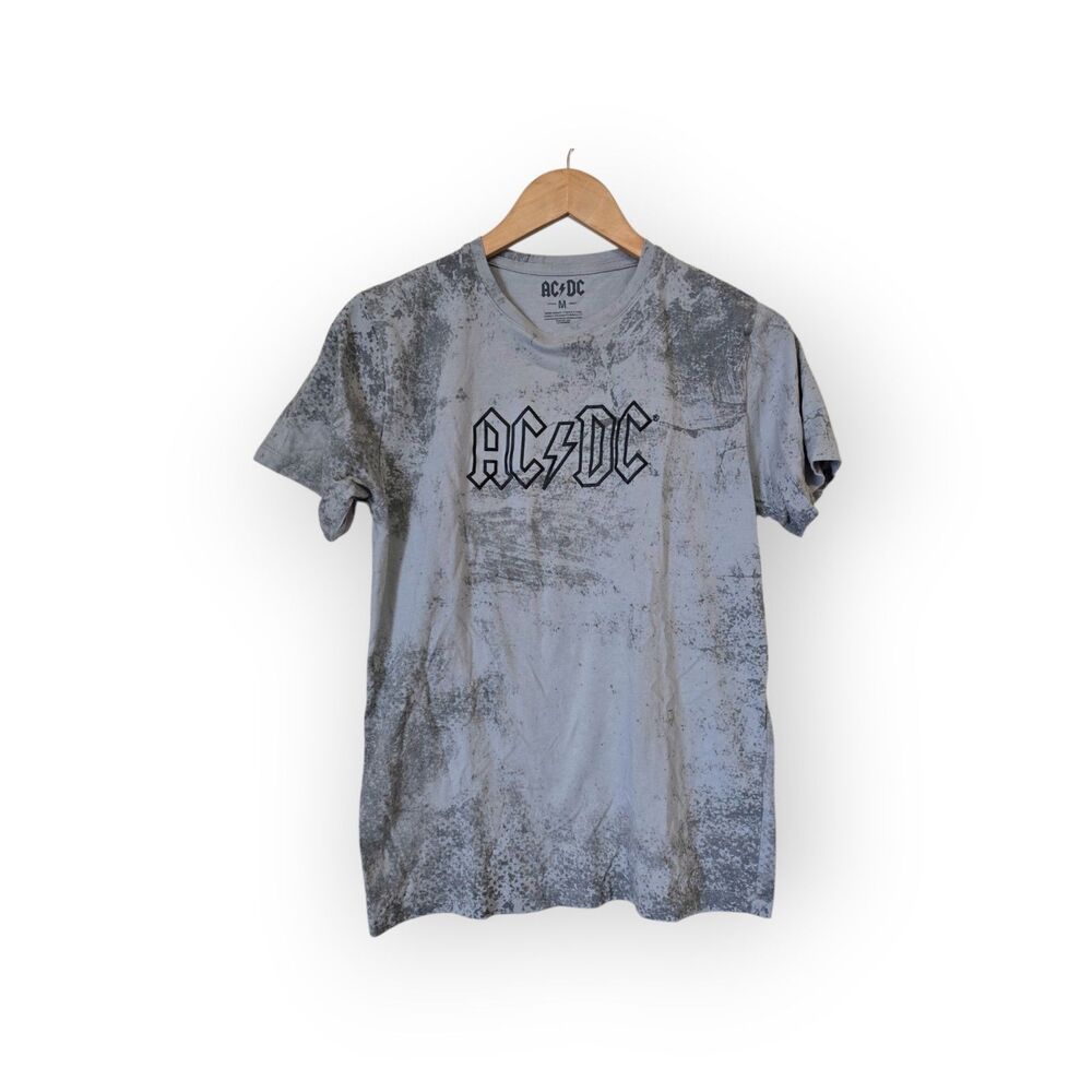 ACDC Mens Medium Gray Acid Wash Band Logo Short Sleeve Graphic T-Shirt Rock 80s